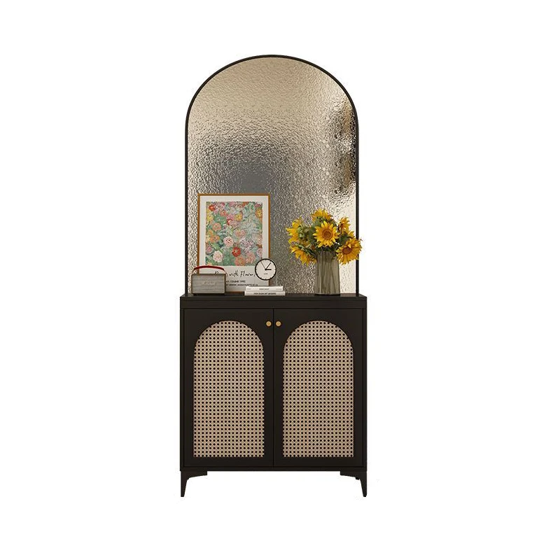 Modern Mid-Century Solid Wood Eco Board Faux Rattan Stainless Steel Glass Rectangular Weaving Shoe Storage 3-Tier For Entryway