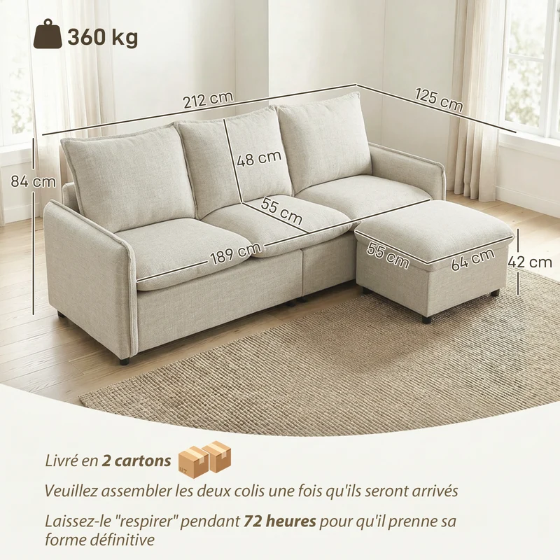 Canapé d'angle modulable 3 places pouf de rangement 212 x 125 x 84 cm confort mousse ressorts style moderne en lin crème 21_0003643