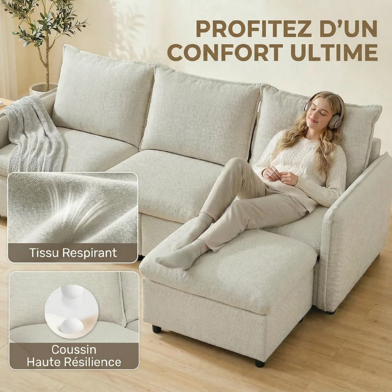 Canapé d'angle modulable 3 places pouf de rangement 212 x 125 x 84 cm confort mousse ressorts style moderne en lin crème 21_0003643