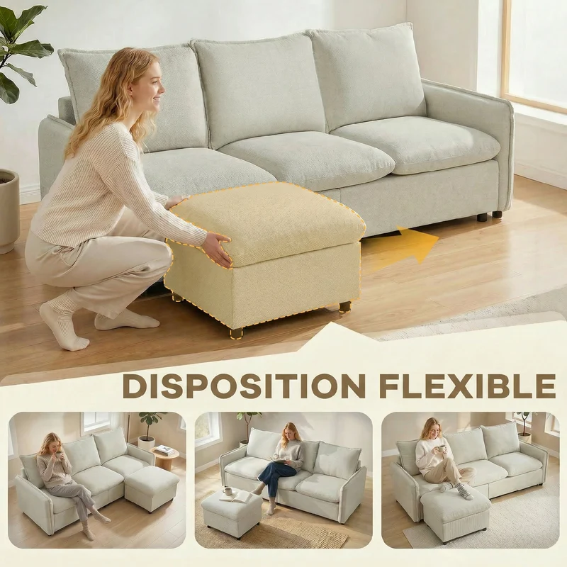 Canapé d'angle modulable 3 places pouf de rangement 212 x 125 x 84 cm confort mousse ressorts style moderne en lin crème 21_0003643