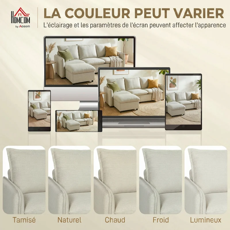 Canapé d'angle modulable 3 places pouf de rangement 212 x 125 x 84 cm confort mousse ressorts style moderne en lin crème 21_0003643