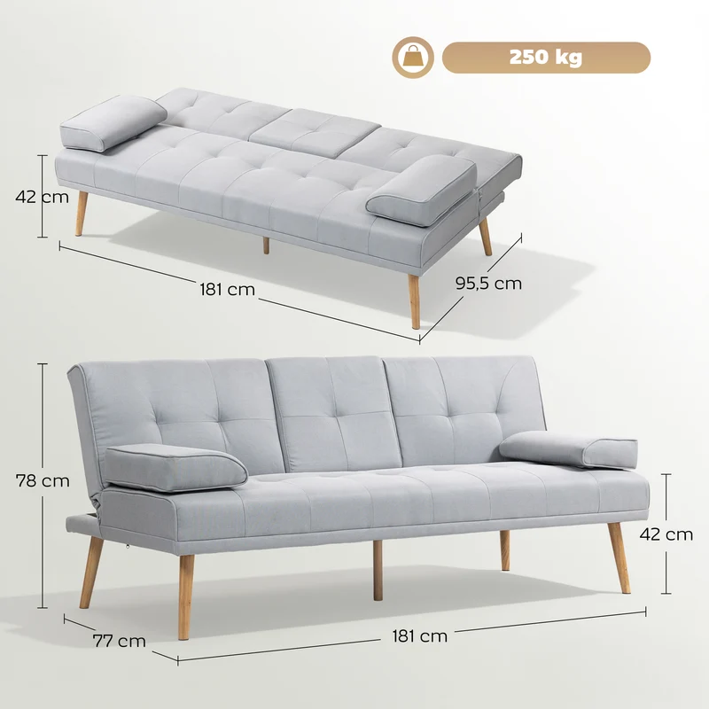 Canapé convertible 3 places salon 181 x 77 x 78 cm dossier inclinable 3 positions scandinave en tissu de lin gris clair 21_0001751