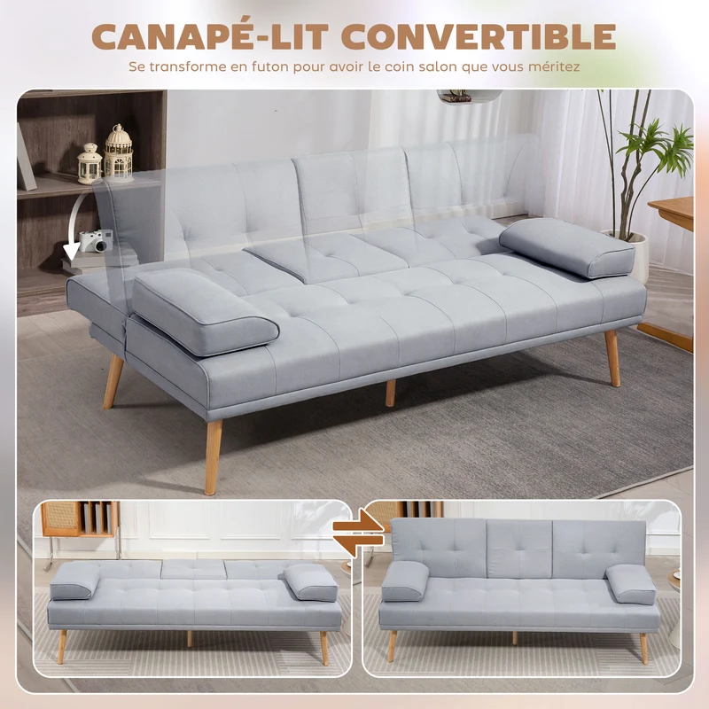 Canapé convertible 3 places salon 181 x 77 x 78 cm dossier inclinable 3 positions scandinave en tissu de lin gris clair 21_0001751