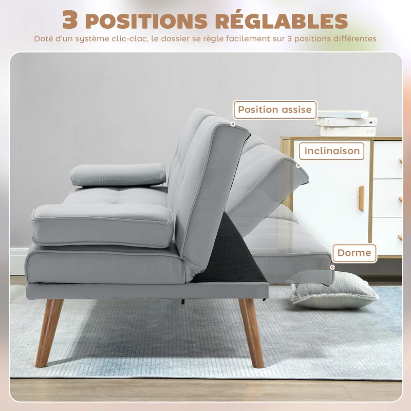 Canapé convertible 3 places salon 181 x 77 x 78 cm dossier inclinable 3 positions scandinave en tissu de lin gris clair 21_0001751