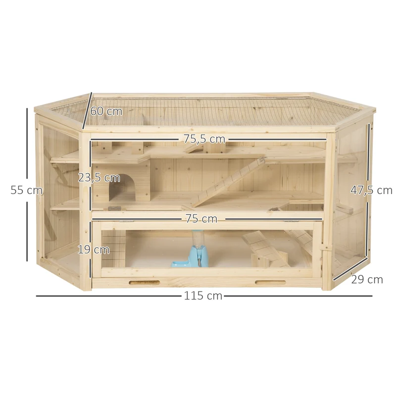 Cage à hamster 3 niveaux 115 x 60 x 55 cm plateau coulissant et cabanes facile à nettoyer scandinave en bois naturel 21_0007868