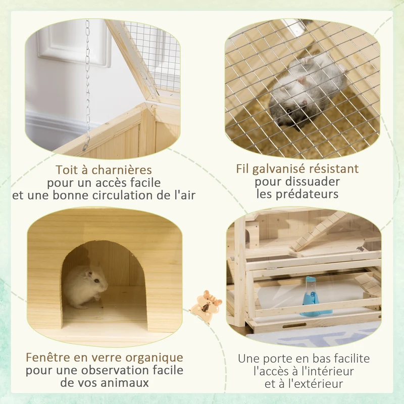 Cage à hamster 3 niveaux 115 x 60 x 55 cm plateau coulissant et cabanes facile à nettoyer scandinave en bois naturel 21_0007868
