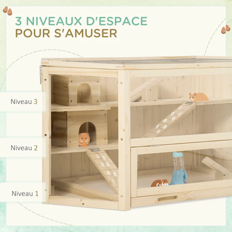Cage à hamster 3 niveaux 115 x 60 x 55 cm plateau coulissant et cabanes facile à nettoyer scandinave en bois naturel 21_0007868