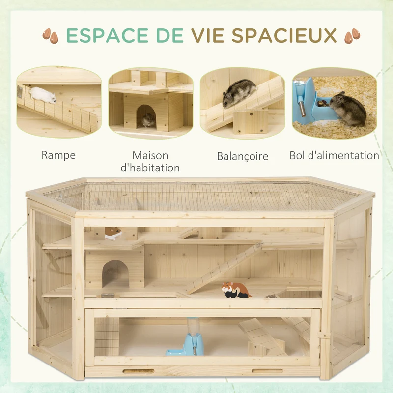 Cage à hamster 3 niveaux 115 x 60 x 55 cm plateau coulissant et cabanes facile à nettoyer scandinave en bois naturel 21_0007868
