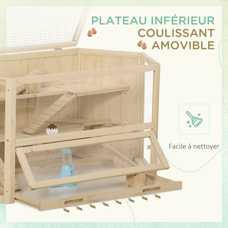 Cage à hamster 3 niveaux 115 x 60 x 55 cm plateau coulissant et cabanes facile à nettoyer scandinave en bois naturel 21_0007868