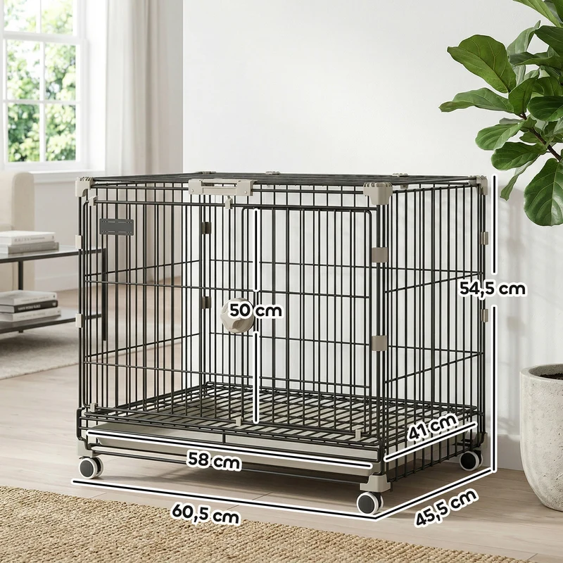 Cage pour chien 60,5 x 45,5 x 54,5 cm plateau amovible ouverture supérieure roues freins sécurité moderne en métal noir 21_0007316