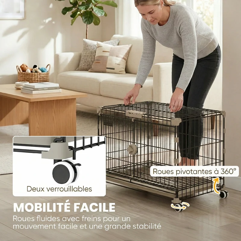 Cage pour chien 60,5 x 45,5 x 54,5 cm plateau amovible ouverture supérieure roues freins sécurité moderne en métal noir 21_0007316