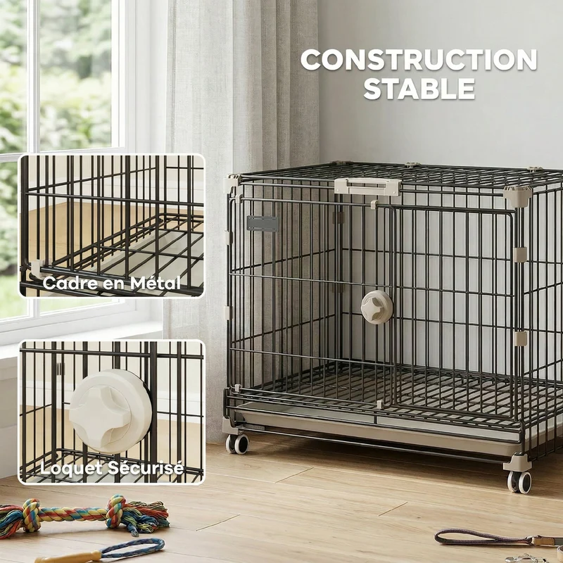 Cage pour chien 60,5 x 45,5 x 54,5 cm plateau amovible ouverture supérieure roues freins sécurité moderne en métal noir 21_0007316