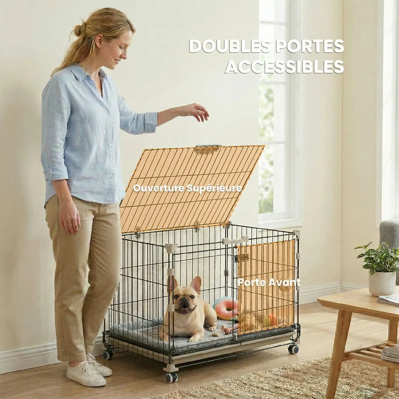 Cage pour chien 60,5 x 45,5 x 54,5 cm plateau amovible ouverture supérieure roues freins sécurité moderne en métal noir 21_0007316