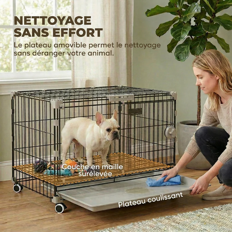 Cage pour chien 60,5 x 45,5 x 54,5 cm plateau amovible ouverture supérieure roues freins sécurité moderne en métal noir 21_0007316