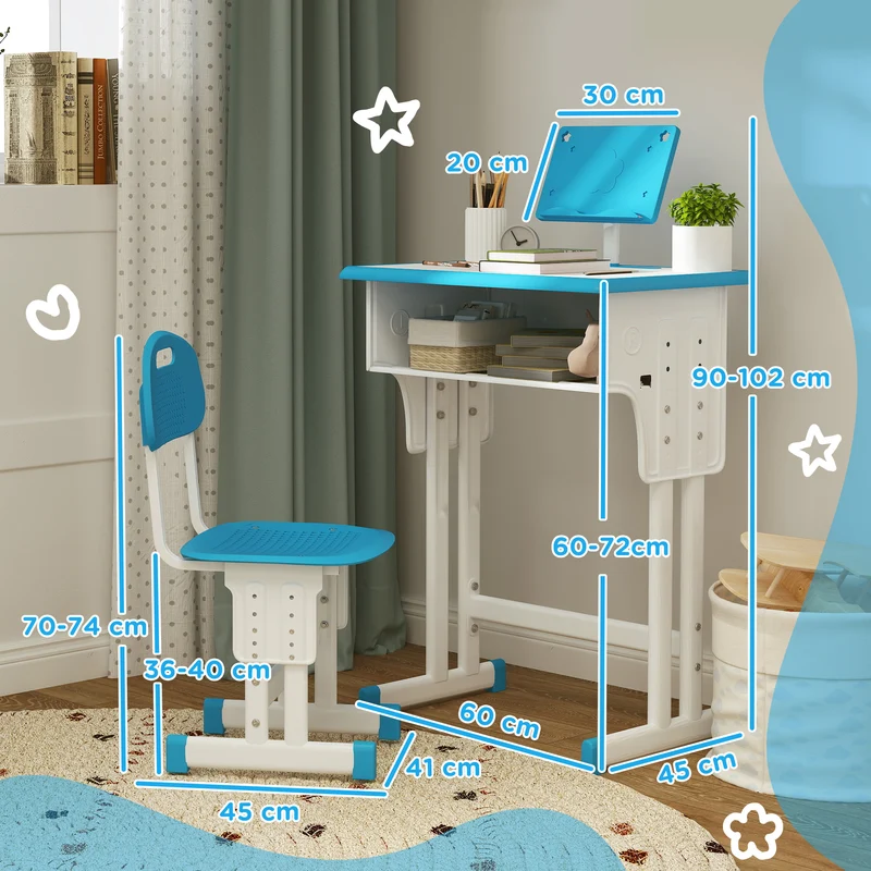Bureau et chaise pour enfant 60 x 45 x 90-102 cm réglable en hauteur rangements intégrés moderne minimaliste en PP bleu 21_0000191