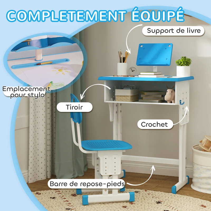 Bureau et chaise pour enfant 60 x 45 x 90-102 cm réglable en hauteur rangements intégrés moderne minimaliste en PP bleu 21_0000191