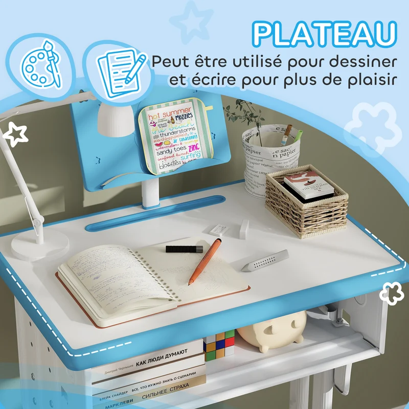 Bureau et chaise pour enfant 60 x 45 x 90-102 cm réglable en hauteur rangements intégrés moderne minimaliste en PP bleu 21_0000191