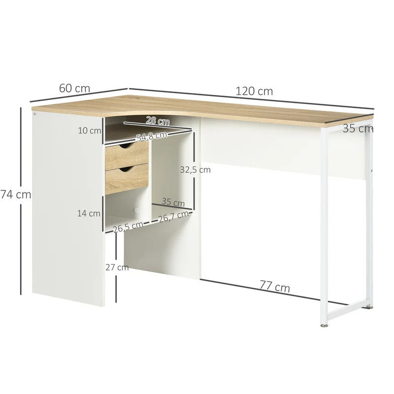 Bureau d'angle 120 x 60 cm plateau incurvé large 3 niches 2 tiroirs moderne épuré en panneaux de particules chêne clair 21_0002475