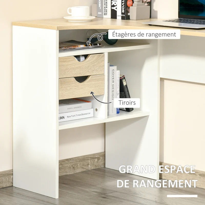 Bureau d'angle 120 x 60 cm plateau incurvé large 3 niches 2 tiroirs moderne épuré en panneaux de particules chêne clair 21_0002475