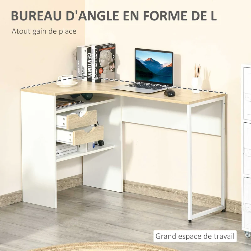 Bureau d'angle 120 x 60 cm plateau incurvé large 3 niches 2 tiroirs moderne épuré en panneaux de particules chêne clair 21_0002475