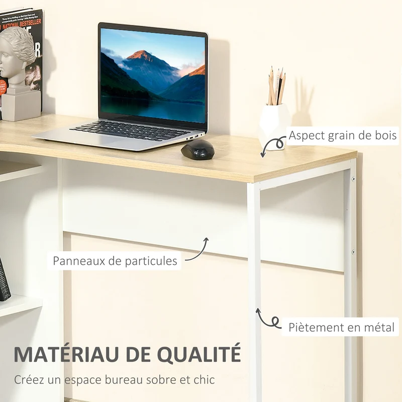 Bureau d'angle 120 x 60 cm plateau incurvé large 3 niches 2 tiroirs moderne épuré en panneaux de particules chêne clair 21_0002475