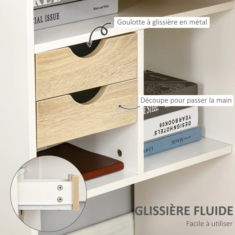 Bureau d'angle 120 x 60 cm plateau incurvé large 3 niches 2 tiroirs moderne épuré en panneaux de particules chêne clair 21_0002475