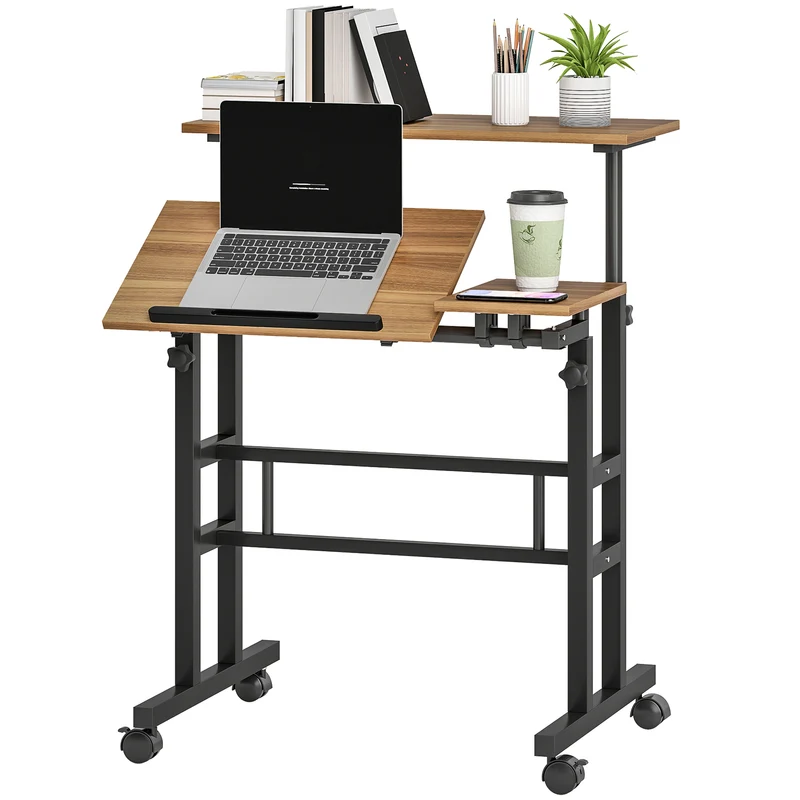 Bureau assis debout réglable sur roulettes plateau incliné mobilité 70 x 60 x 70,5-120 cm confort moderne en MDF marron 21_0002558