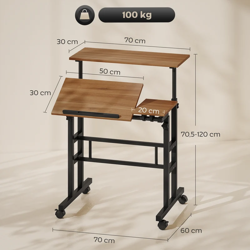 Bureau assis debout réglable sur roulettes plateau incliné mobilité 70 x 60 x 70,5-120 cm confort moderne en MDF marron 21_0002558
