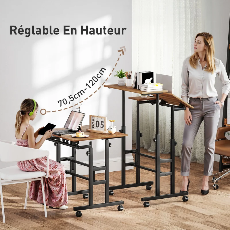 Bureau assis debout réglable sur roulettes plateau incliné mobilité 70 x 60 x 70,5-120 cm confort moderne en MDF marron 21_0002558
