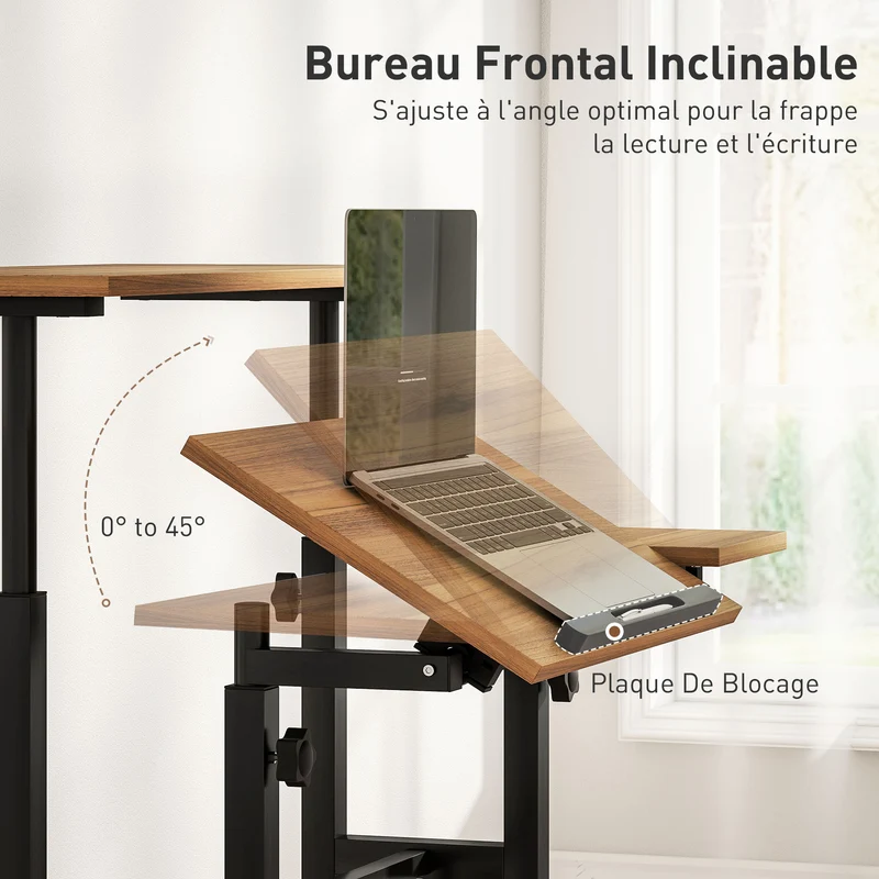 Bureau assis debout réglable sur roulettes plateau incliné mobilité 70 x 60 x 70,5-120 cm confort moderne en MDF marron 21_0002558