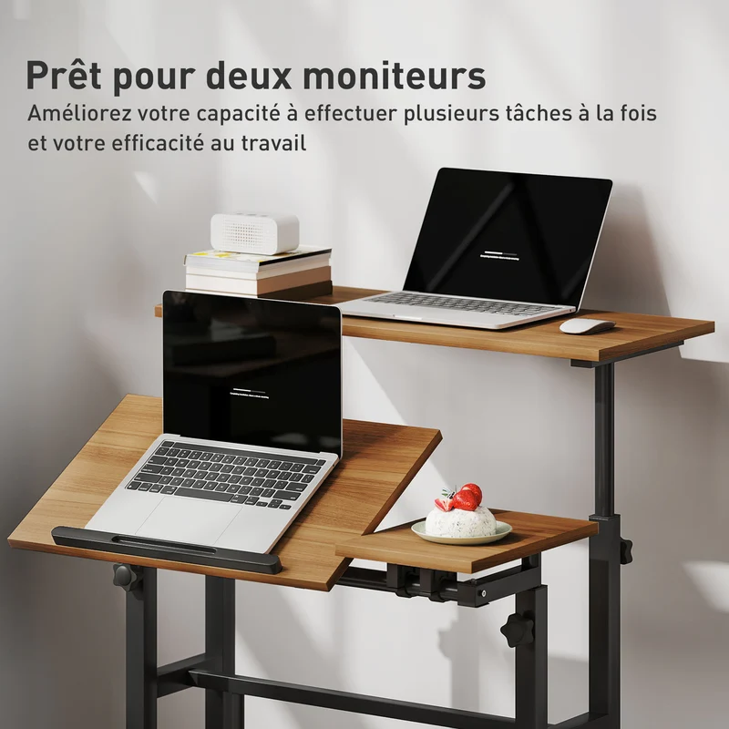 Bureau assis debout réglable sur roulettes plateau incliné mobilité 70 x 60 x 70,5-120 cm confort moderne en MDF marron 21_0002558