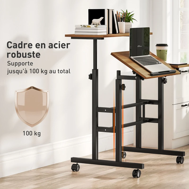 Bureau assis debout réglable sur roulettes plateau incliné mobilité 70 x 60 x 70,5-120 cm confort moderne en MDF marron 21_0002558