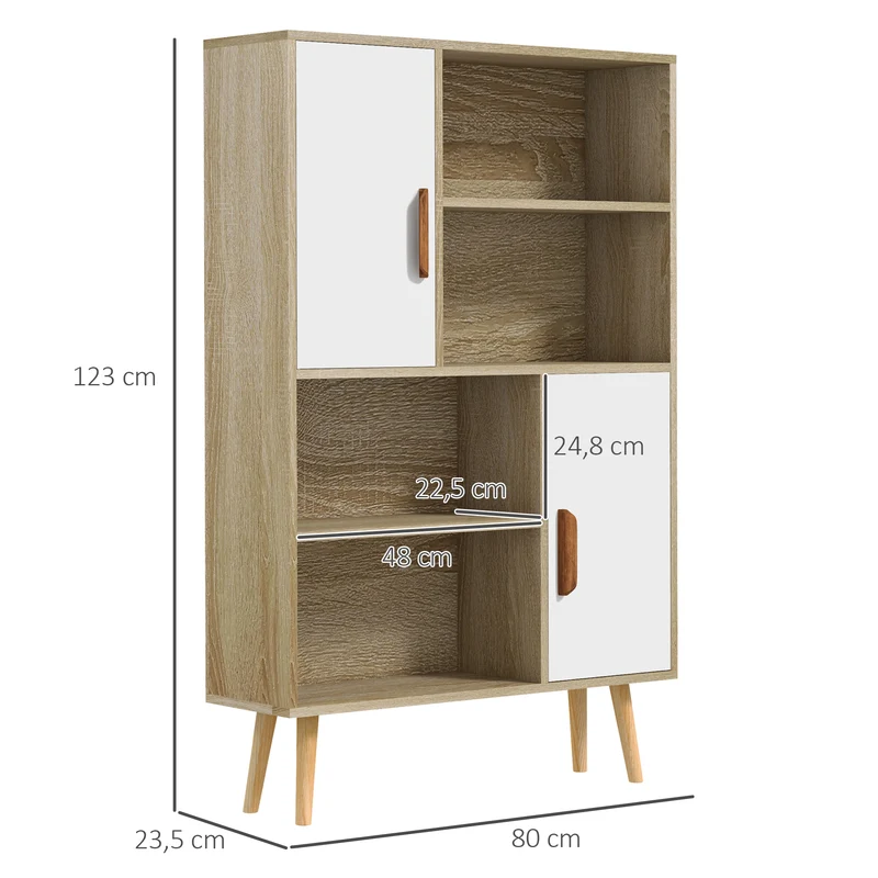 Bibliothèque salon 80 x 24 x 123 cm 4 niches 2 placards étagère réglable sécurisé scandinave finition mate en bois chêne 21_0002408
