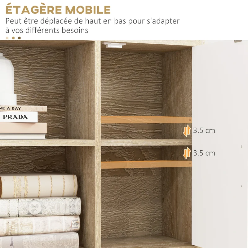 Bibliothèque salon 80 x 24 x 123 cm 4 niches 2 placards étagère réglable sécurisé scandinave finition mate en bois chêne 21_0002408
