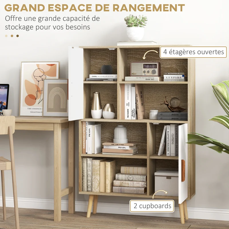 Bibliothèque salon 80 x 24 x 123 cm 4 niches 2 placards étagère réglable sécurisé scandinave finition mate en bois chêne 21_0002408