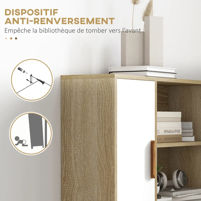 Bibliothèque salon 80 x 24 x 123 cm 4 niches 2 placards étagère réglable sécurisé scandinave finition mate en bois chêne 21_0002408