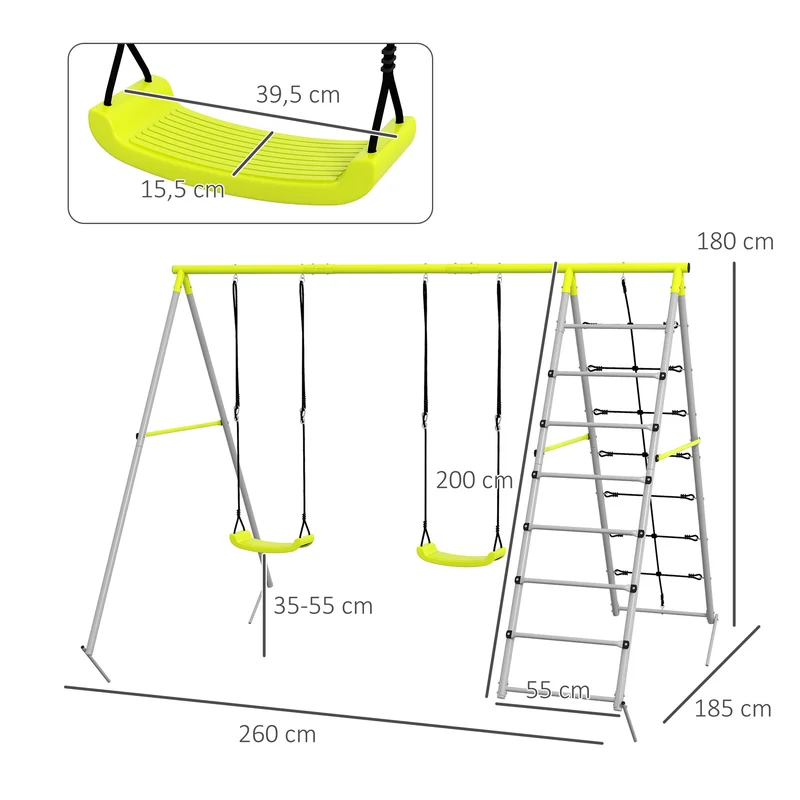 Balançoire portique espace jardin 260 x 185 x 180 cm pour 4 enfants filet escalade contemporain moderne en métal vert 21_0000377