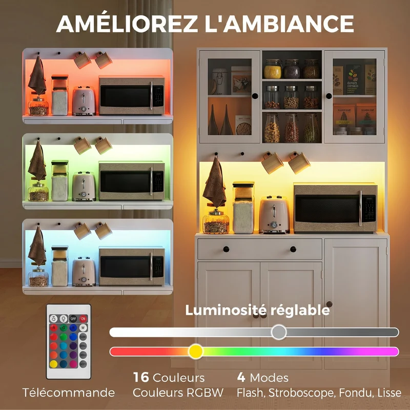 Armoire de cuisine éclairage led 103 x 40 x 180 cm nombreux rangements tiroir silencieux moderne épuré en MDF blanc 21_0003287