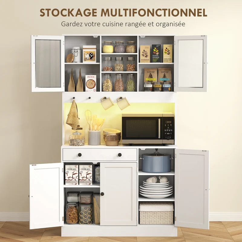 Armoire de cuisine éclairage led 103 x 40 x 180 cm nombreux rangements tiroir silencieux moderne épuré en MDF blanc 21_0003287
