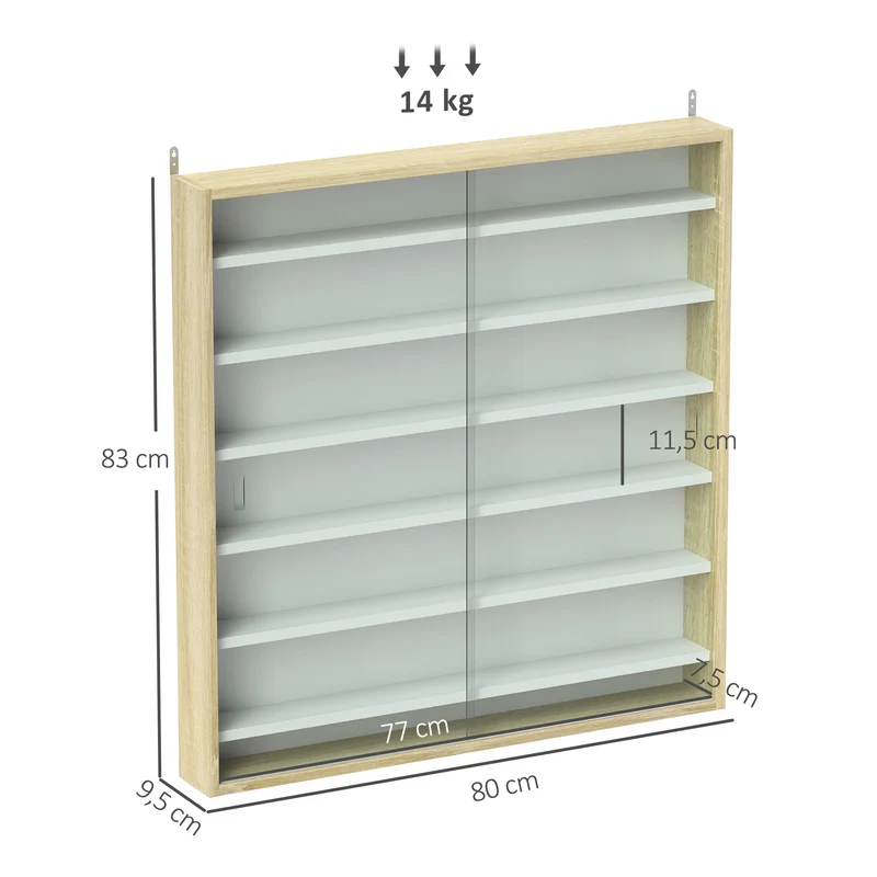 Vitrine murale pour collection 80 x 9,5 x 83 cm 6 étagères réglables portes coulissantes moderne en bois mélaminé chêne 21_0001781