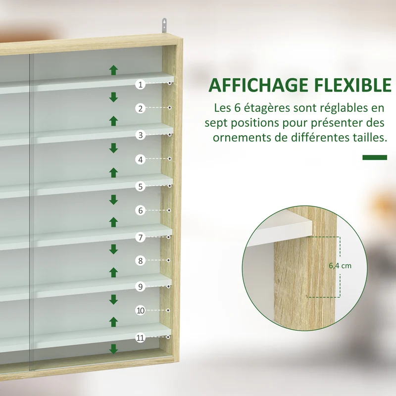 Vitrine murale pour collection 80 x 9,5 x 83 cm 6 étagères réglables portes coulissantes moderne en bois mélaminé chêne 21_0001781