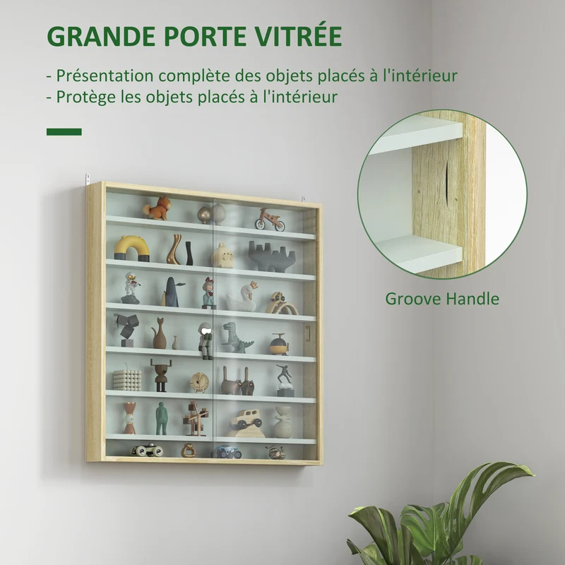 Vitrine murale pour collection 80 x 9,5 x 83 cm 6 étagères réglables portes coulissantes moderne en bois mélaminé chêne 21_0001781