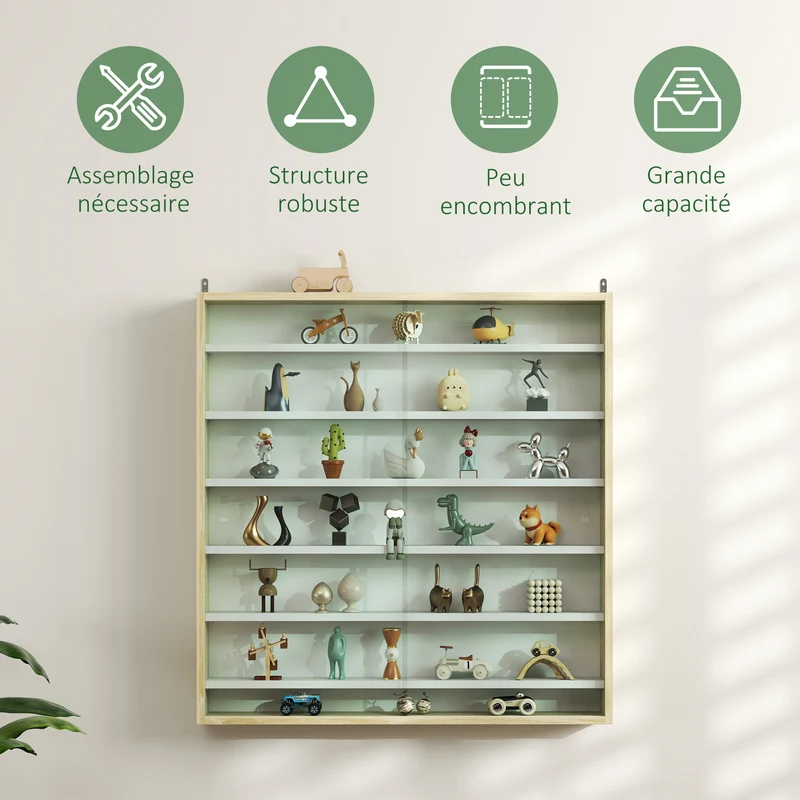 Vitrine murale pour collection 80 x 9,5 x 83 cm 6 étagères réglables portes coulissantes moderne en bois mélaminé chêne 21_0001781