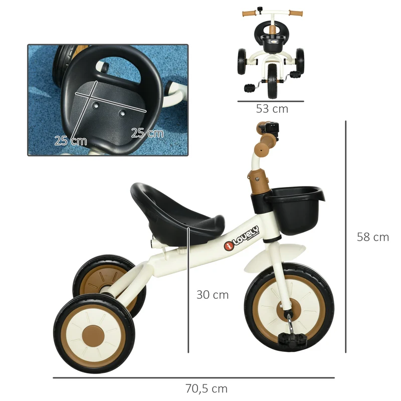 Tricycle enfant promenade 70.5 x 53 x 58 cm selle réglable dossier guidon avec sonnette panier tendance en métal blanc 21_0000535