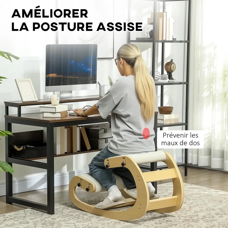 Tabouret genoux ergonomique pour bureau 55 x 85 x 55 cm soulage le dos fonction bascule moderne en bois de bouleau crème 21_0006274
