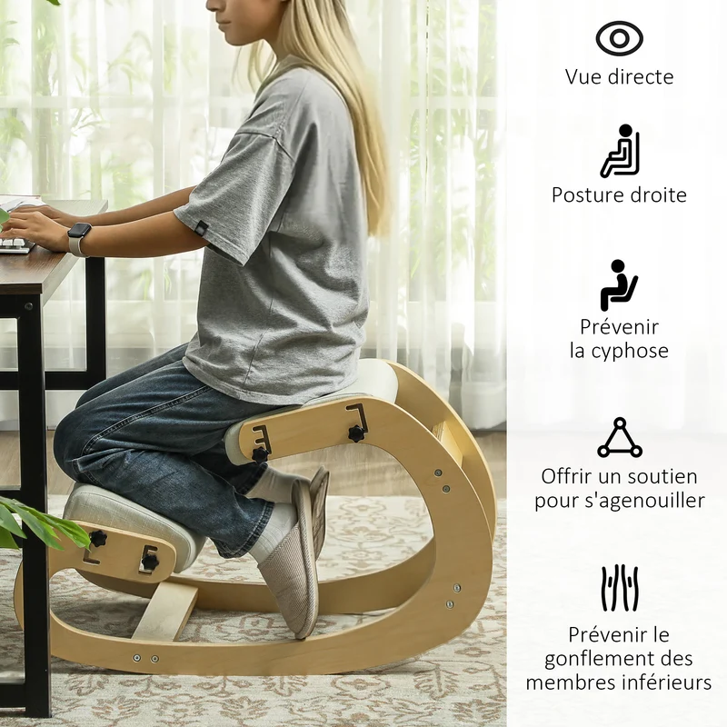 Tabouret genoux ergonomique pour bureau 55 x 85 x 55 cm soulage le dos fonction bascule moderne en bois de bouleau crème 21_0006274