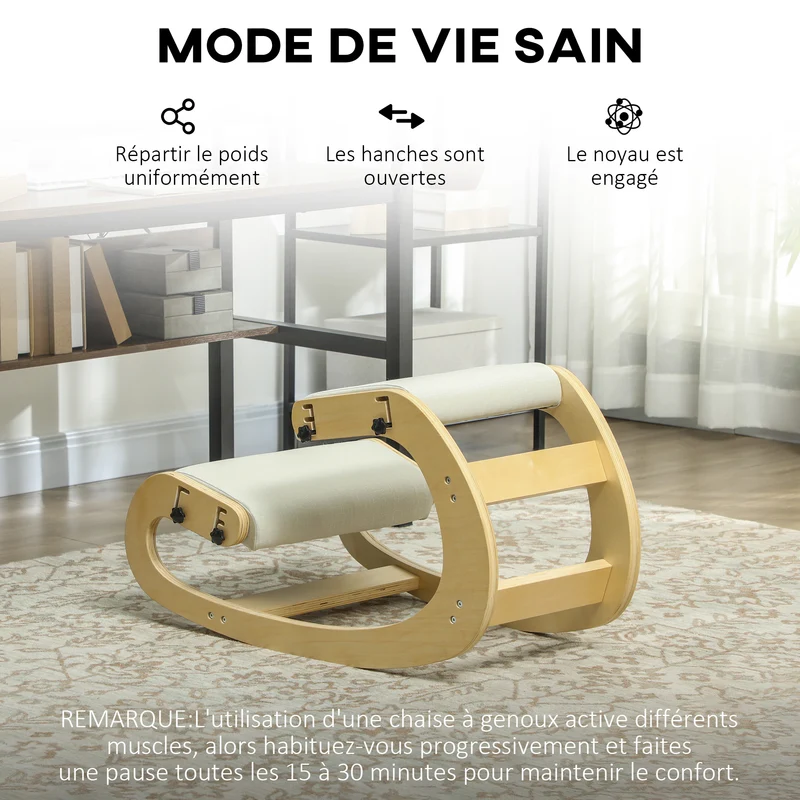 Tabouret genoux ergonomique pour bureau 55 x 85 x 55 cm soulage le dos fonction bascule moderne en bois de bouleau crème 21_0006274