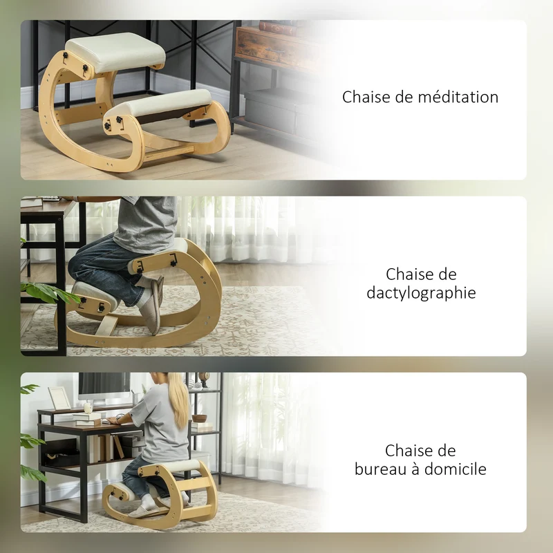 Tabouret genoux ergonomique pour bureau 55 x 85 x 55 cm soulage le dos fonction bascule moderne en bois de bouleau crème 21_0006274