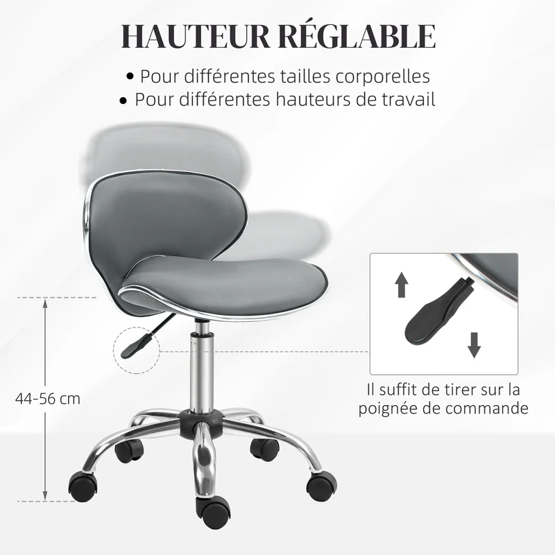 Tabouret de travail à roulettes 44 x 48 x 44-56 cm hauteur réglable assise rembourrée moderne épuré en polyuréthane gris 21_0006149