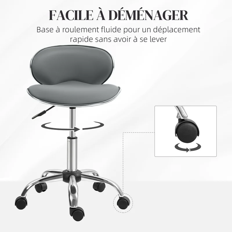 Tabouret de travail à roulettes 44 x 48 x 44-56 cm hauteur réglable assise rembourrée moderne épuré en polyuréthane gris 21_0006149